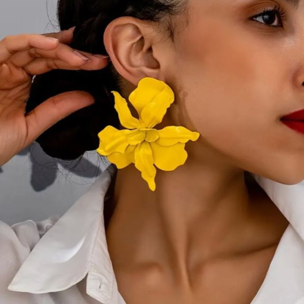 NEW Naiya Mustard Yellow Large Orchid Tropical Flower Statement Earrings